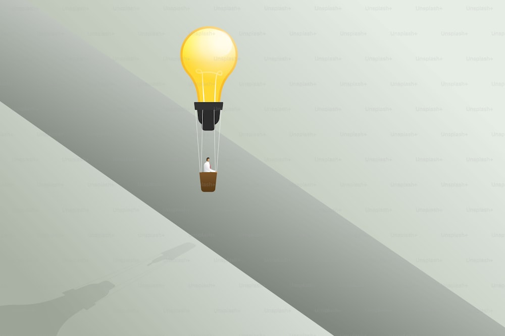 Businessman flying with lightbulb balloon cross edge of gap and business solution, creative idea concept illustration vector