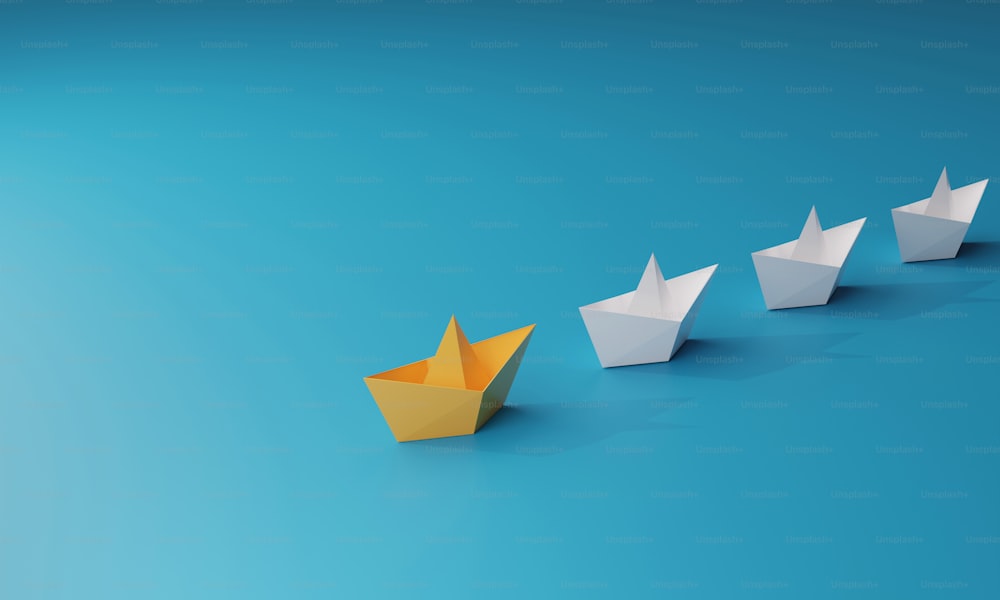 Leader with a yellow paper boat leads a group of white boats on blue background. business leadership. 3d render illustration.