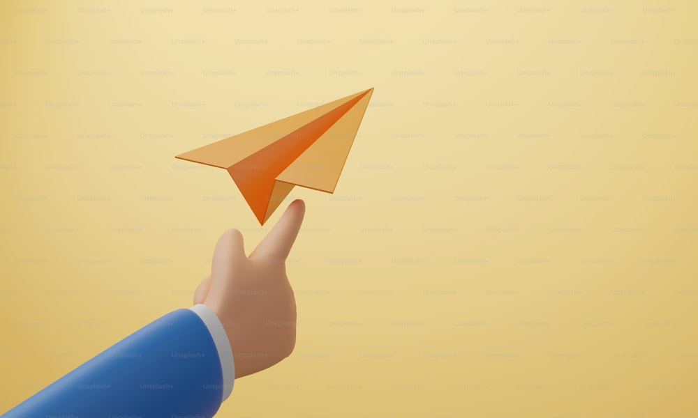 Geschäftsmannshände, 3D-Veröffentlichung eines orangefarbenen Papierflugzeugs auf gelbem Hintergrund neues Geschäftsstartkonzept. 3D-Render-Illustration.