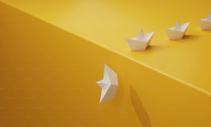 Problemas inesperados situación de crisis empresarial. Las velas de los barcos de papel caen sobre un acantilado sobre un fondo amarillo. crisis económica y financiera. Ilustración de renderizado 3D.