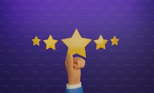 Zufriedenheitsbewertung, Arbeitsbewertung. Die Hand des Geschäftsmannes hält einen gelben Stern in der Mitte von 5 Sternen auf violettem Hintergrund. 3D-Render-Illustration.