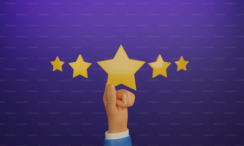 Évaluation du travail avec taux de satisfaction. Main d’homme d’affaires tenant une étoile jaune placée au milieu de 5 étoiles sur fond violet. Illustration de rendu 3D.