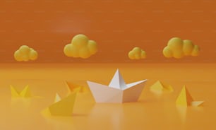 Leadership Success Through Competitiveness in Crisis. yellow paper boat floating with several white boats sinking in the sea against an orange backdrop. 3d render illustration.