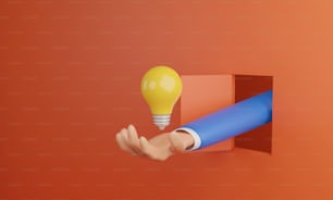 Eröffnen Sie kreative Geschäftsmöglichkeiten. Glühbirne an der Hand eines Geschäftsmannes, der auf orangefarbenem Hintergrund aus einer Tür ragt. 3D-Render-Illustration.