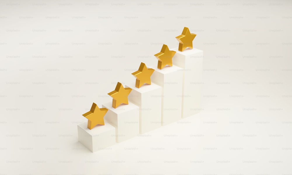 Icono de estrella dorada degradada de cinco estrellas en gráfico de barras sobre fondo blanco. Calificación del nivel de calidad del servicio de satisfacción del cliente Nivel de evaluación.3d ilustración de render.