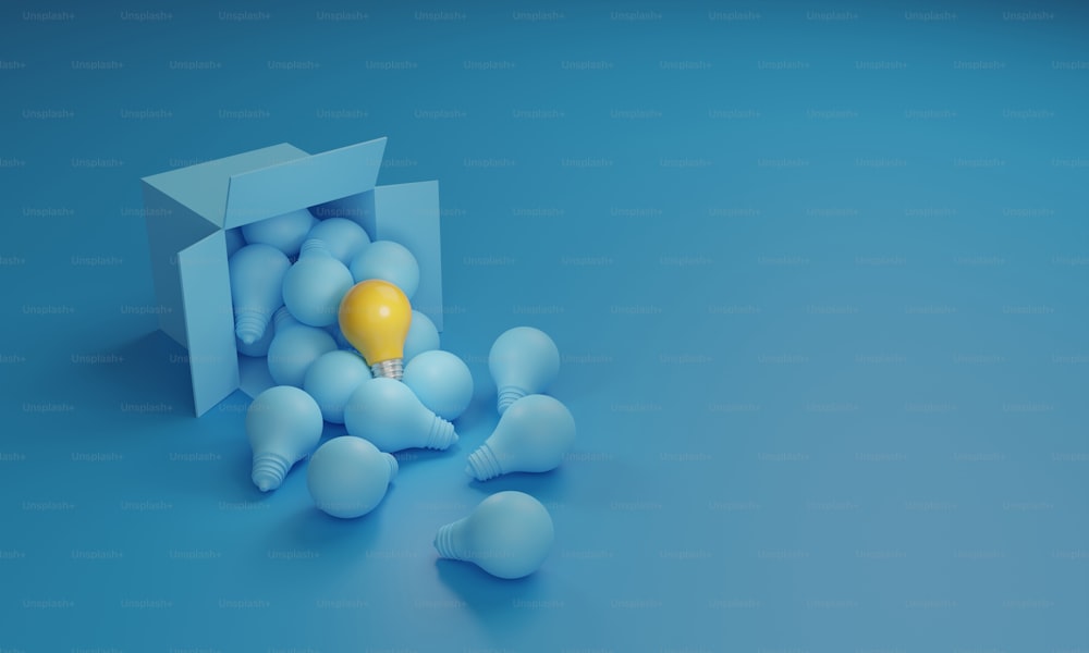 Yellow light bulb glows on the many blue light bulbs coming out of a cardboard box on a blue background. different creative ideas outstanding ideas thinking outside box. 3d render illustration.
