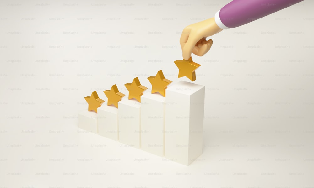 Mani dell'uomo d'affari che posizionano stelle dorate sul grafico a barre superiore su sfondo bianco. Definizione degli obiettivi Valutazione della soddisfazione del servizio Valutazione della qualità. Illustrazione di rendering 3D.