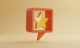 Ícone de estrela amarela na caixa de texto laranja no fundo amarelo. Mensagem de revisão boa mensagem de feedback de classificação do cliente. Ilustração de renderização 3D.
