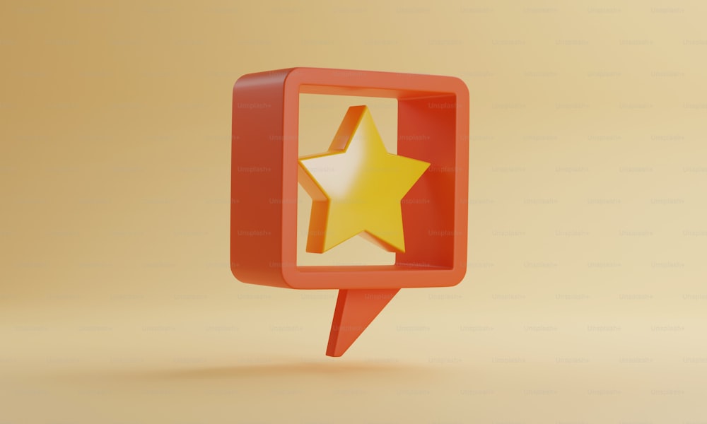 Icono de estrella amarilla en cuadro de texto naranja sobre fondo amarillo. Revise el mensaje bueno de los comentarios de calificación del cliente. Ilustración de renderizado 3D.