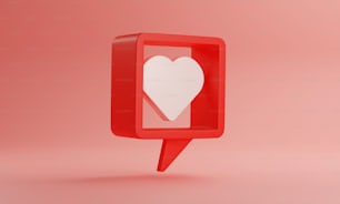 Icona del cuore bianco nella cornice di testo di notifica dei social media su sfondo rosa. Illustrazione di rendering 3D.