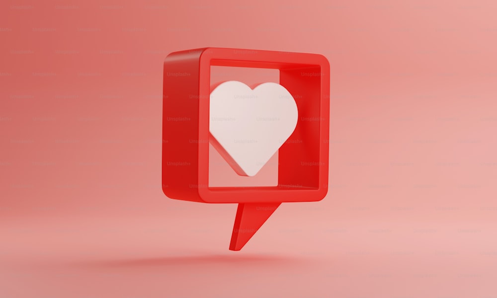 Icono de corazón blanco en el marco de texto de notificación de redes sociales sobre fondo rosa. Ilustración de renderizado 3D.
