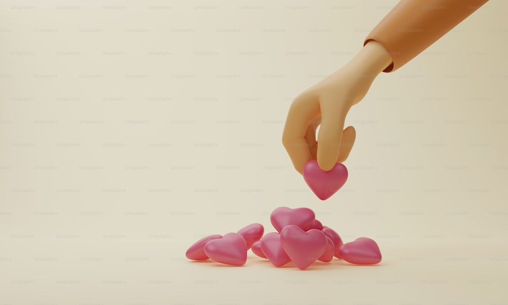 Cuore che tiene la mano con pila di icone del cuore su sfondo color crema dando amore o donazione sostegno sociale, beneficenza. Illustrazione di rendering 3D.