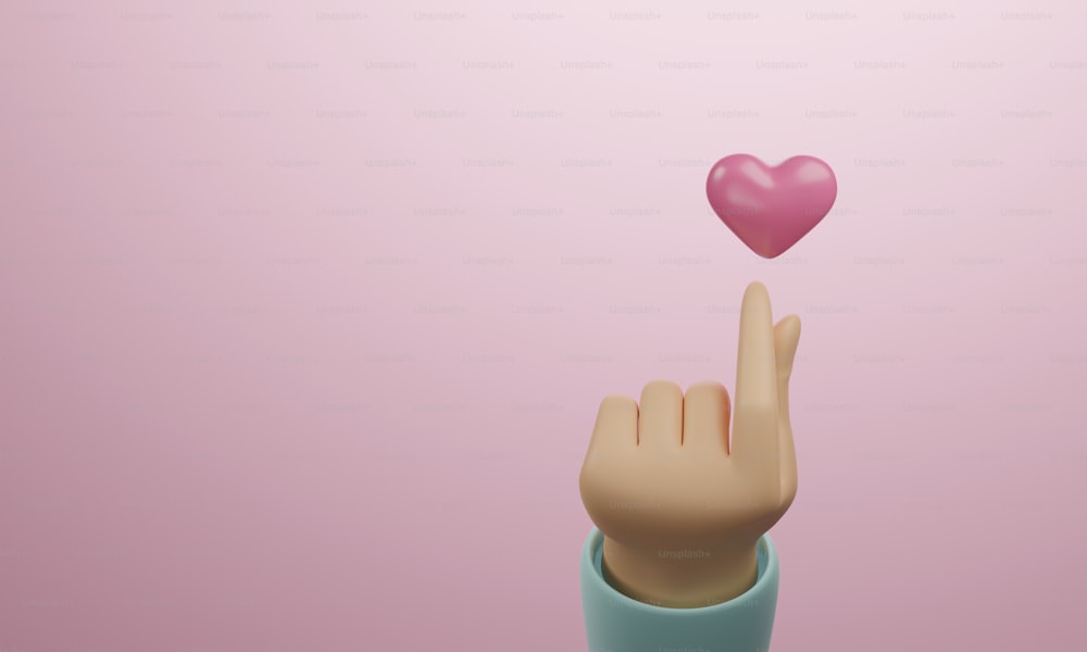 Crea un simbolo del cuore del dito a mano con lo sfondo rosa dell'icona del cuore Dare amore o inviarsi messaggi d'amore l'un l'altro. Illustrazione di rendering 3D.