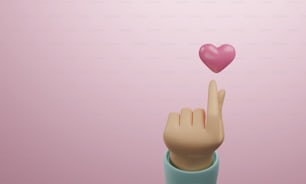 Machen Sie ein Fingerherzsymbol von Hand mit Herzsymbol rosa Hintergrund Liebe geben oder Liebesbotschaften aneinander senden. 3D-Render-Illustration.