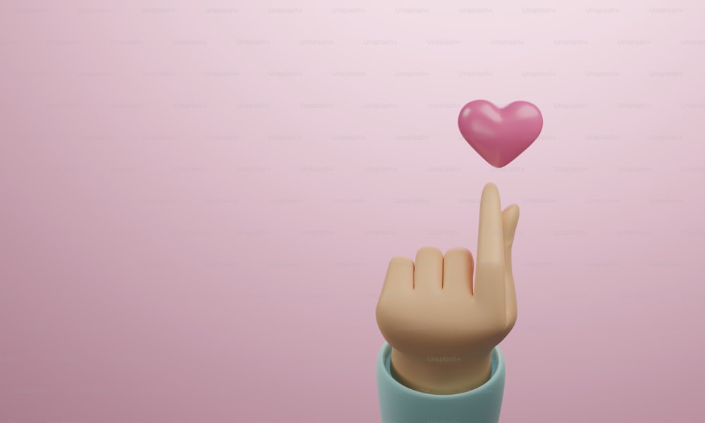 Make a finger heart symbol by hand with heart icon pink background Giving love or sending love messages to each other. 3d render illustration.