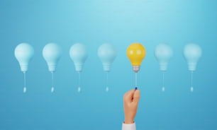 青の背景に青い電球の間に輝く黄色の電球をオンにする手は、異なる創造性の優れたアイデア思考。3Dレンダリングイラスト