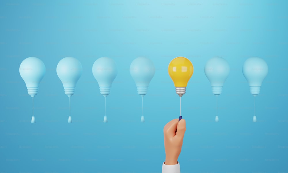 Hand turning on a glowing yellow light bulb between blue light bulbs on a blue background different creativity outstanding idea thinking. 3D render illustration