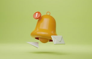 Icona della campana di notifica con busta e piano di carta su sfondo verde. Email marketing Servizio di notifica e-mail in arrivo. Illustrazione di rendering 3D.