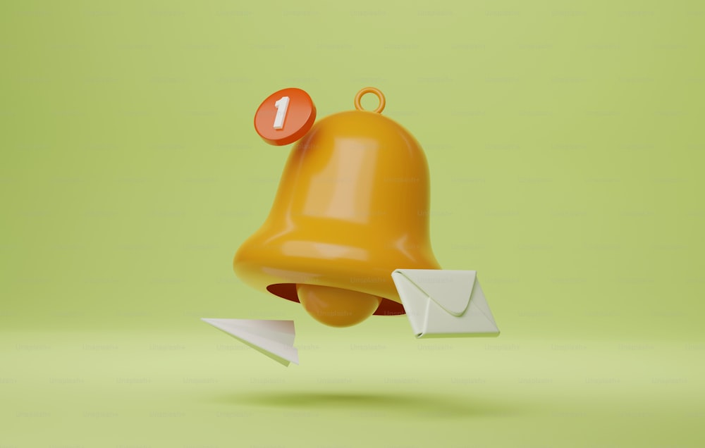 Notification bell icon with envelope and paper plane on green background. Email marketing Incoming email notification service. 3d render illustration.