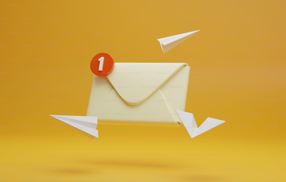 Envelope icon with unread message icon with paper plane on a yellow background Mailing by email. 3d render illustration.