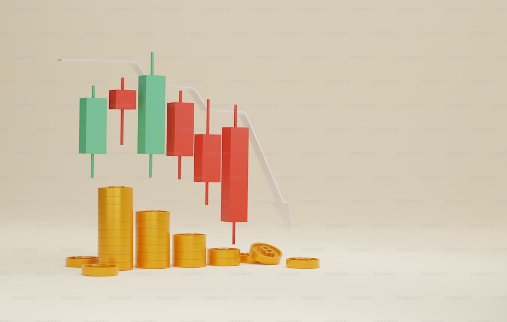 Seta com vela vermelha para baixo e queda do preço da moeda bitcoin investimento de mercado de criptomoeda para baixo Tendência Riscos de investimento. Ilustração de renderização 3D.
