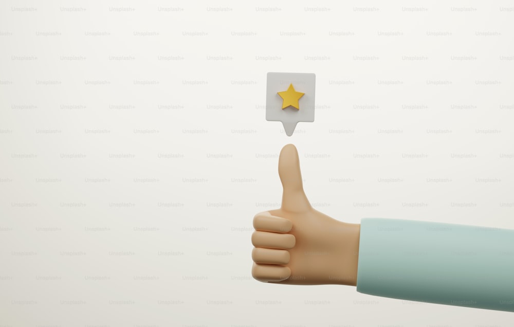 Daumen hoch Hand und Sternsymbol auf weißem Hintergrund Wie Bewertungen, Zufriedenheit, Feedback, Kommentare, positive Bewertungen vom Erfolg.3d Illustration rendern.