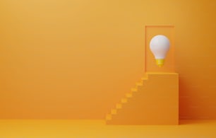 Escaleras sobre un fondo amarillo-naranja directamente a una bombilla grande en la puerta. Crecimiento creativo que conduce al éxito empresarial. Ilustración de renderizado 3D.