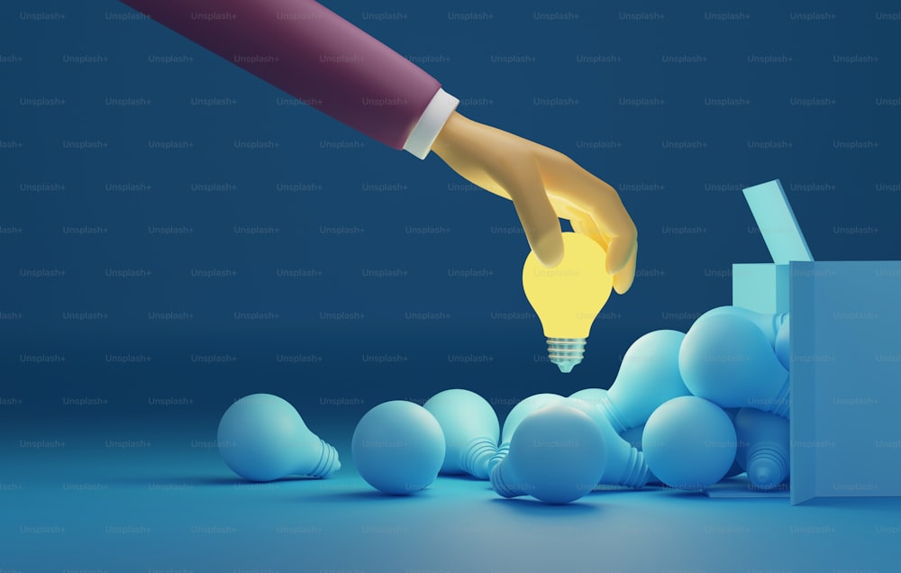 Hand holding a bright light bulb on lot of blue light bulbs coming out of cardboard box on blue background. different creativity outstanding idea thinking outside box. 3D render illustration.