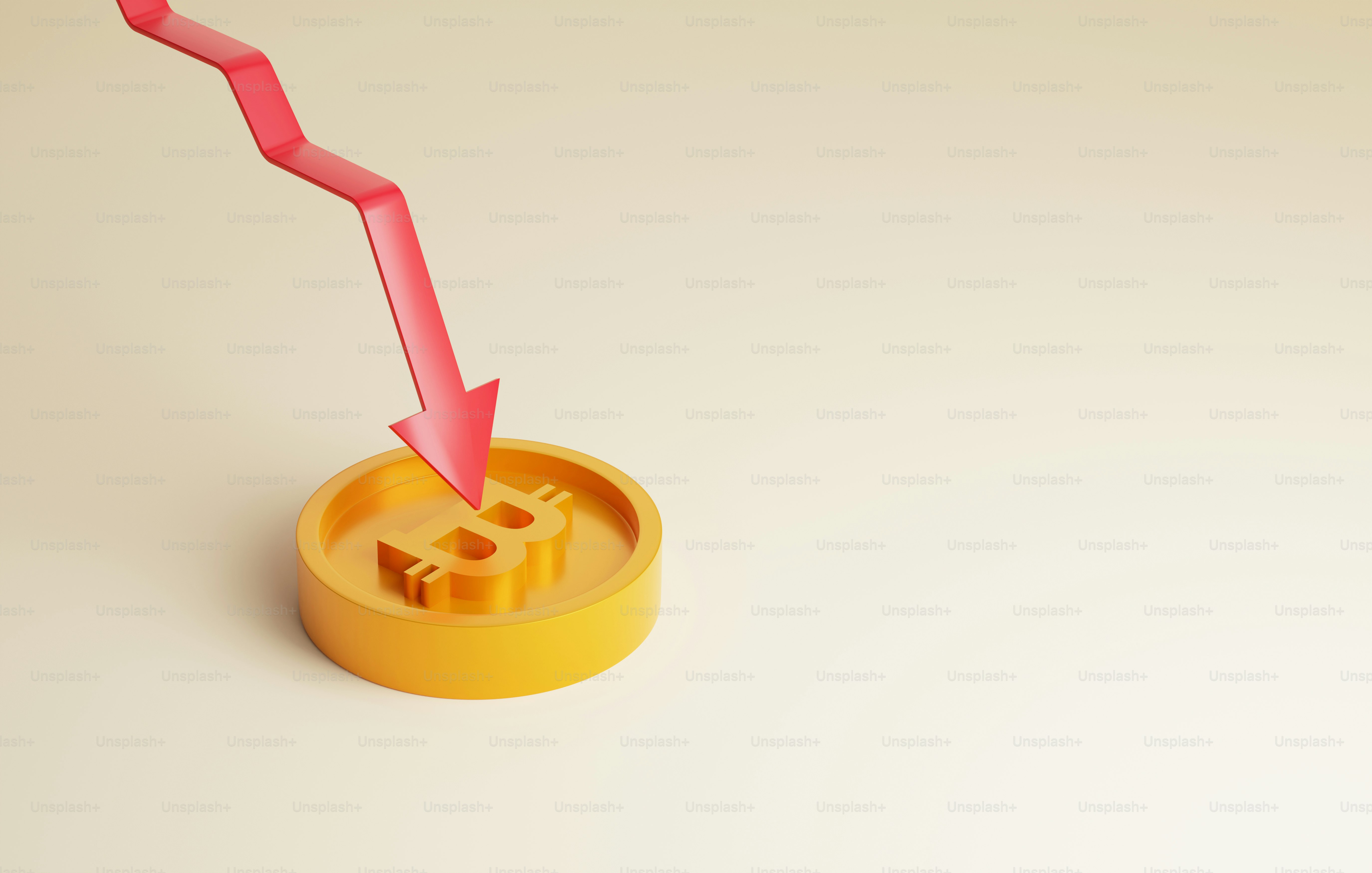 비트 코인 가격 하락, 적은 이익, 손실, 암호 화폐의 투자 위험. 빨간색 화살표 아래쪽 그래프와 비트코인 코인. 3d 렌더링  그림입니다. 사진 – Unsplash의 사업 이미지