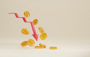Calo del prezzo delle monete Bitcoin, meno profitti, perdite, rischio di investimento della criptovaluta. Grafico della freccia rossa verso il basso e moneta bitcoin che cade terreno. Illustrazione di rendering 3D