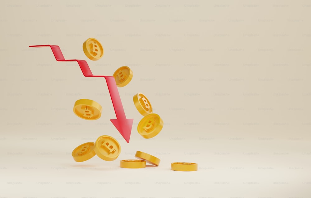 Bitcoin coin price decline, less profit, loss, investment risk of cryptocurrency. Red arrow downward graph and bitcoin coin falling ground. 3d render illustration