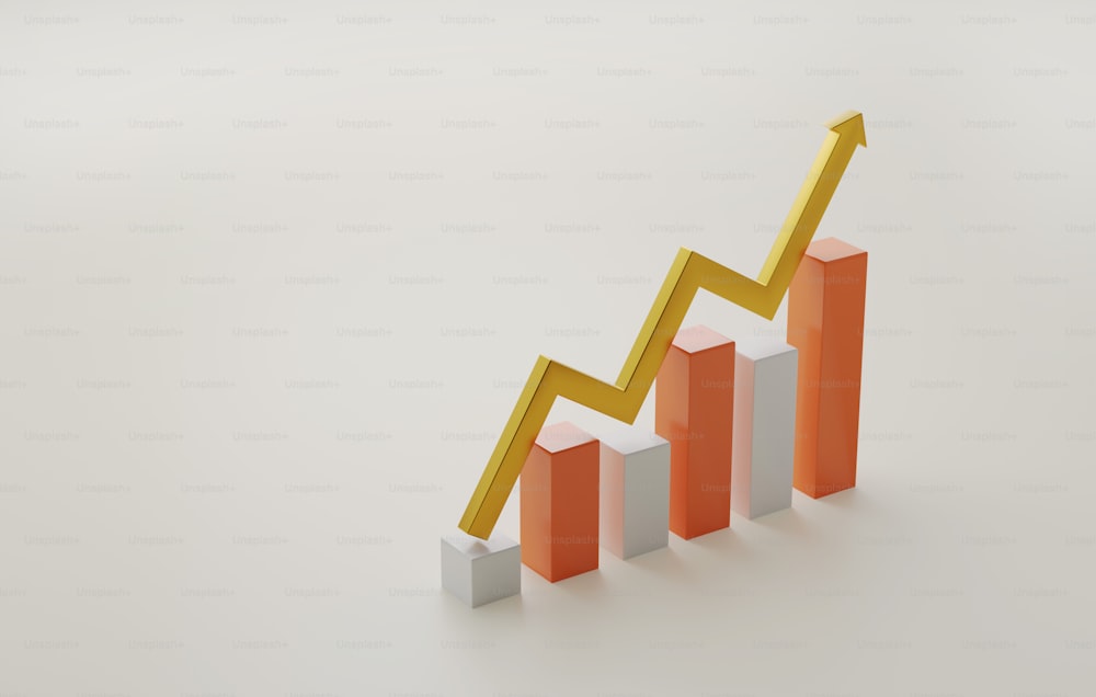 Golden arrow rising with growing bar graph chart white background. Business growth trend. 3d render illustration.