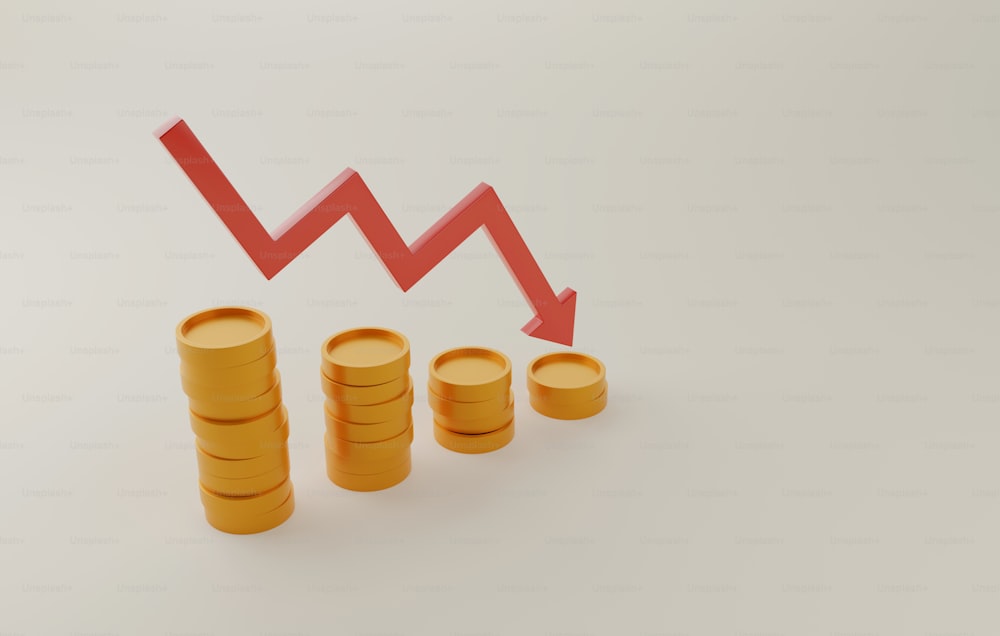 Rotes Pfeildiagramm, das nach unten zeigt, mit einem Stapel Münzen, die auf einen weißen Hintergrund fallen. Rezession, Finanzkrise, Inflation. 3D-Render-Illustration.