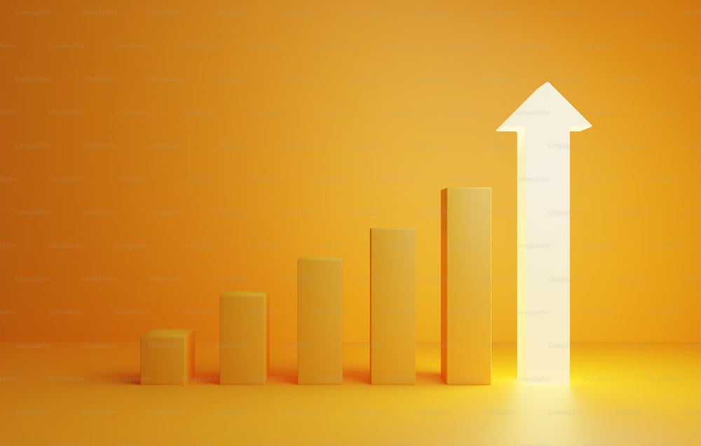 Gráfico de barras amarillo que crece la escalera y una barra de flecha en crecimiento que se ilumina sobre fondo naranja. mostrando el crecimiento del éxito empresarial. Ilustración de renderizado 3D.
