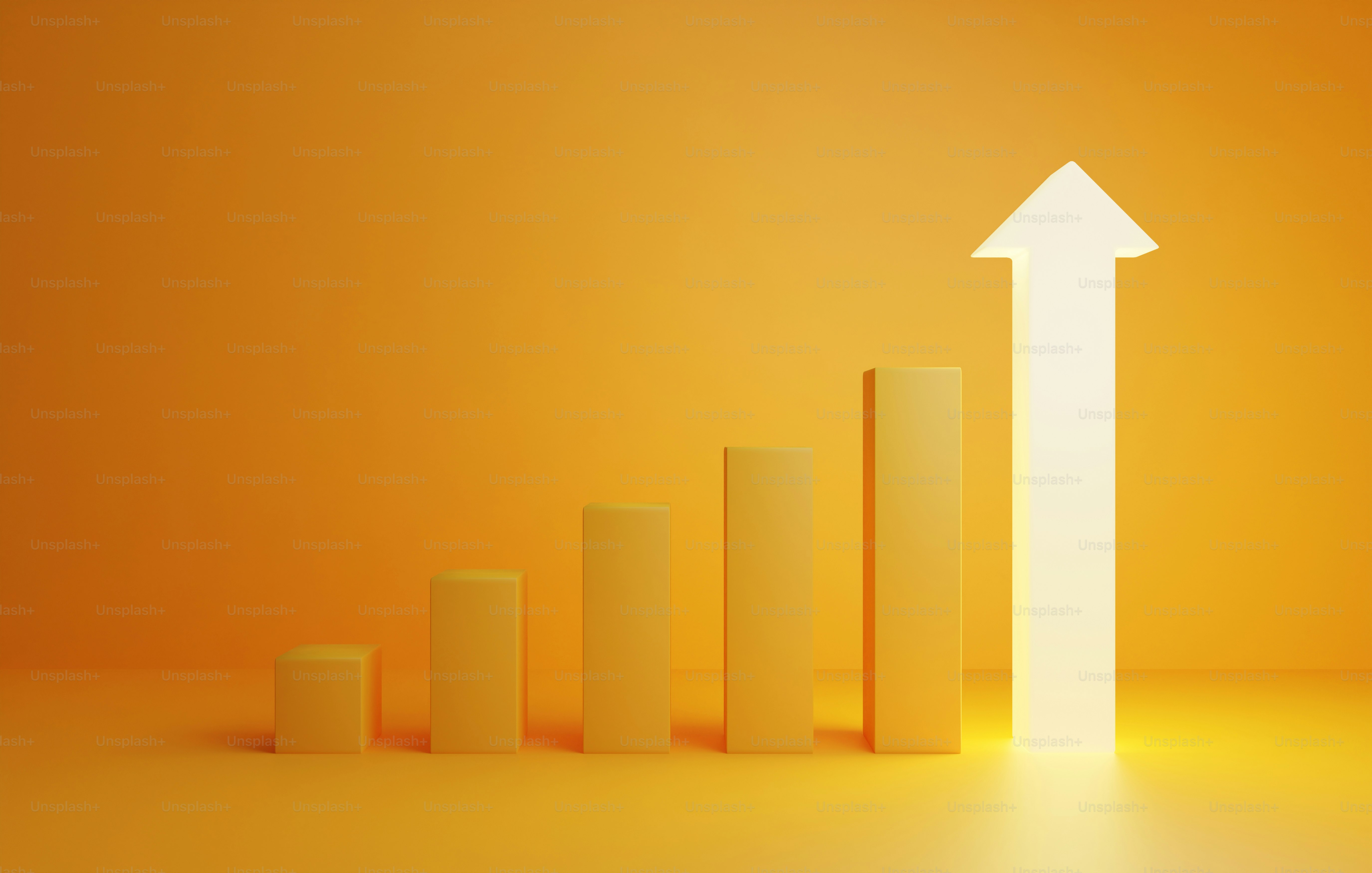 Yellow stair-growing bar chart and a growing arrow bar illuminating on orange background. showing growth business success. 3d render illustration