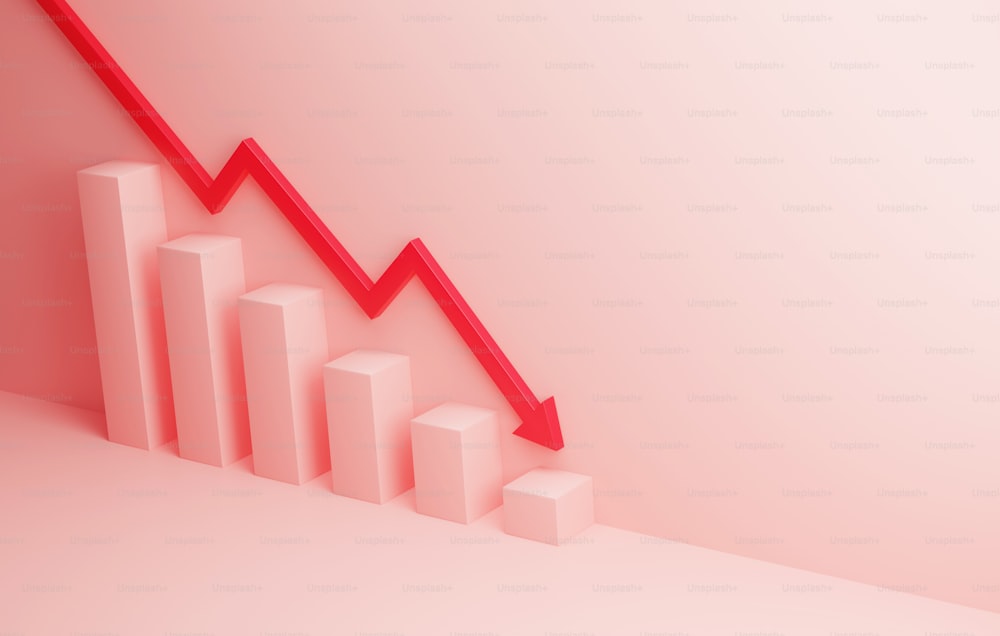 Seta vermelha apontando para baixo com gráfico de barras em declínio no fundo rosa tendência de queda na recessão do investimento inflação crise financeira. Ilustração de renderização 3D