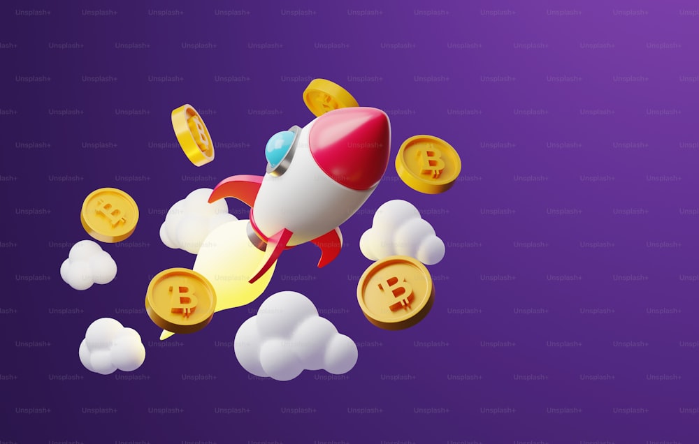Rocket or spaceship flying through clouds with scattered bitcoin coins. Financial investment business and investment goals cryptocurrency. 3d render illustration.