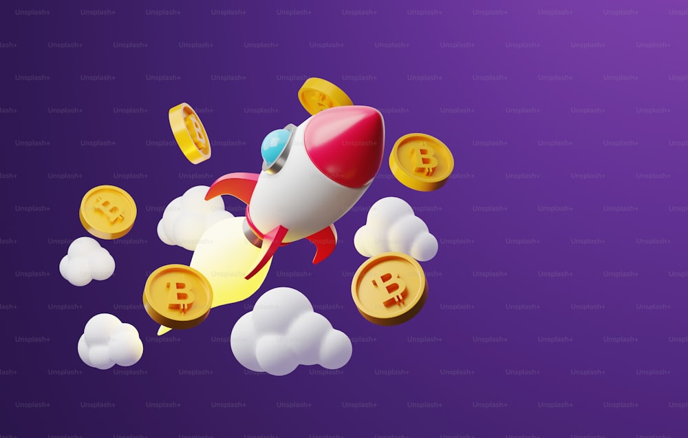 Rakete oder Raumschiff, das mit verstreuten Bitcoin-Münzen durch Wolken fliegt. Finanzanlagegeschäft und Anlageziele Kryptowährung. 3D-Render-Illustration.