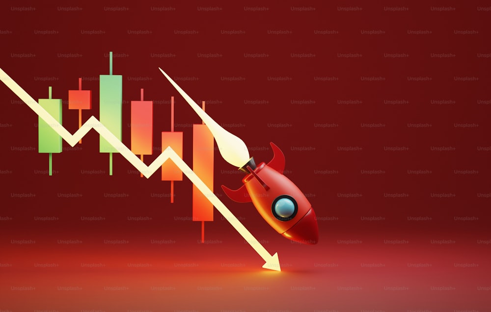 Luminous arrow graph pointing down with rocket falling into red background. Decreased value volatility downtrends in stocks and the cryptocurrency market. 3d render illustration.