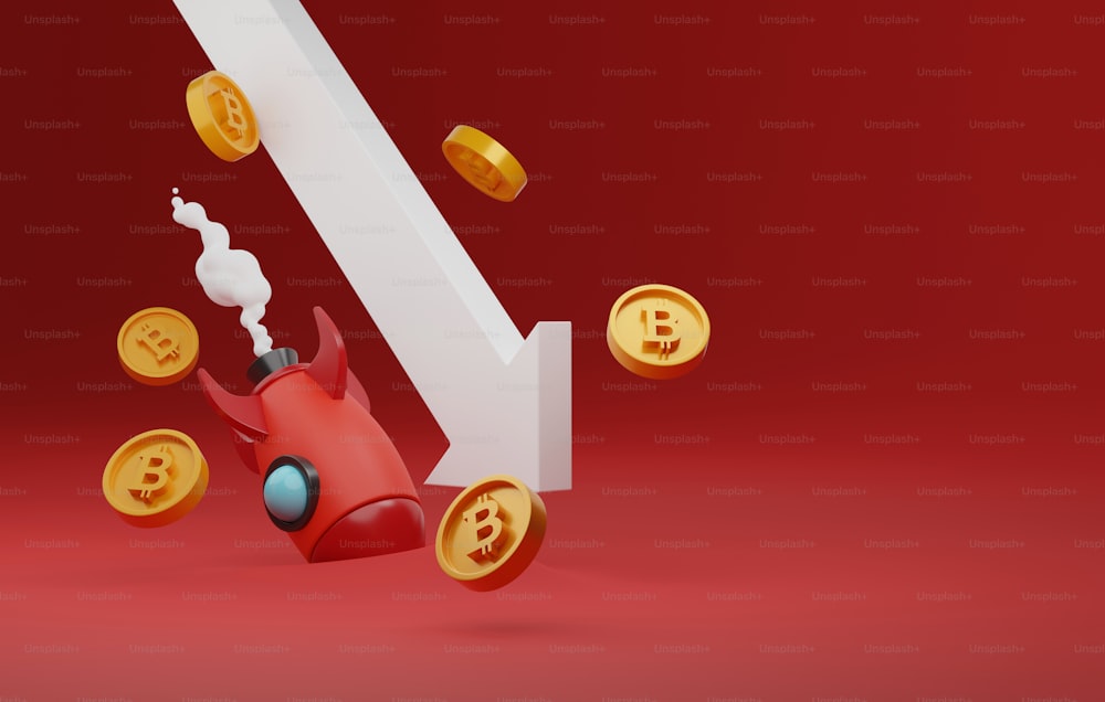 Seta para baixo com um foguete caindo no chão e bitcoins espalhados em um fundo vermelho. Diminuição da volatilidade no valor Tendências de baixa nos mercados de ações e criptomoedas. Ilustração de renderização 3D