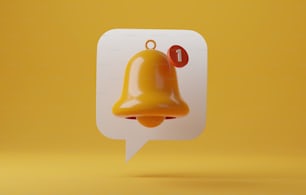 Nachrichten-Sprechblasensymbol mit Benachrichtigungsglocke auf gelbem Hintergrund. Benachrichtigungsdienst für eingehende Nachrichten. 3D-Render-Illustration.