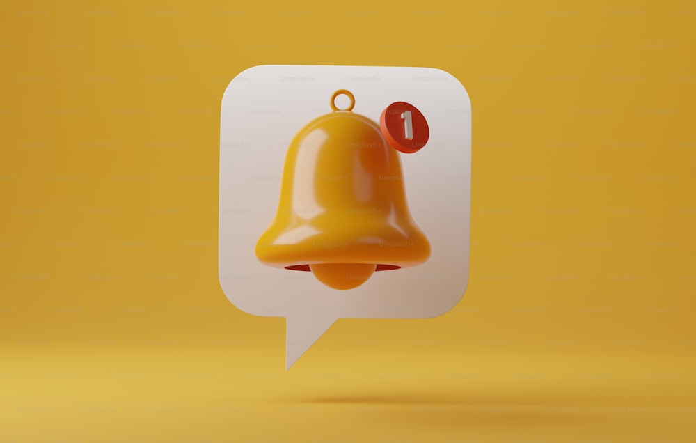 Icona a fumetto del messaggio con campana di notifica su sfondo giallo. Servizio di notifica dei messaggi in arrivo. Illustrazione di rendering 3D.