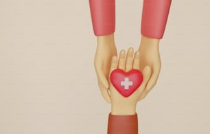 Mão segurando um coração com um símbolo de cruz vermelha e segurando outro par de mãos. Doação, amor e esperança. Ilustração de renderização 3D.