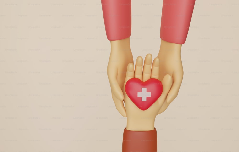 Hand holding a heart with a red cross symbol and holding another pair of hands. Donation, love and hope. 3d render illustration.