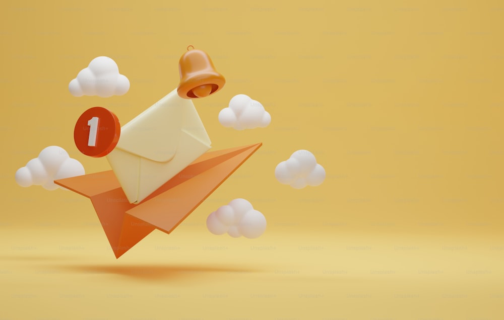 Ícone de envelope com mensagem não lida e ícone de sino de notificação com plano de papel em um fundo amarelo Envio por e-mail. Ilustração de renderização 3D.