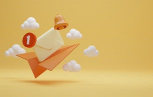 Envelope icon with unread message and notification bell icon with paper plane on a yellow background Mailing by email. 3d render illustration.