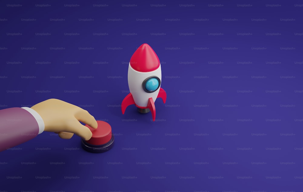 Geschäftsmann Hand drückt Startknopf rote Rakete Start lila Hintergrund. Existenzgründungsidee, neuer Projektstart. 3D-Render-Illustration