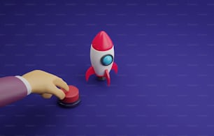 Businessman hand pressing start button red rocket launch purple background. Business start up idea new project launch. 3d render illustration