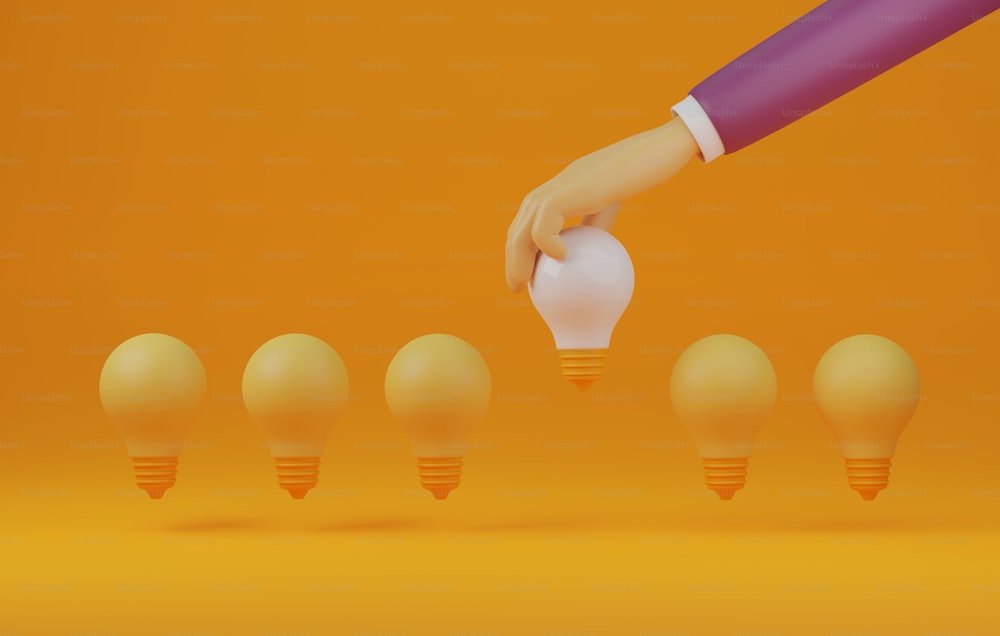 Handhaltende weiße Glühbirne zwischen gelben Glühbirnen auf orangefarbenem Hintergrund, unterschiedliche Kreativität, herausragendes Ideendenken. 3D-Render-Illustration