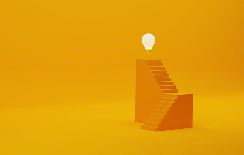 Scale su uno sfondo giallo-arancio direttamente alla grande lampadina. Crescita creativa che porta al successo aziendale. Illustrazione di rendering 3D.